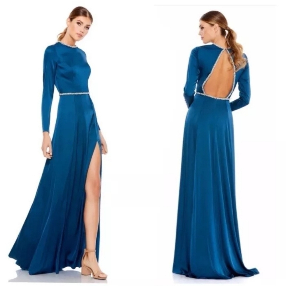 Ieena for Mac Duggal,Long Sleeve Jewel Trim Charmeuse Gown,Sapphire,Size 4, NWT